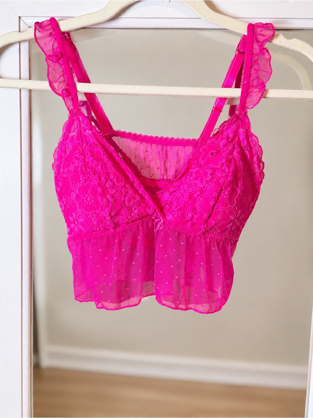 Cotton On BODY Hot Pink Lace Mesh Ruffle Bralette Crop Top S/P Coquette